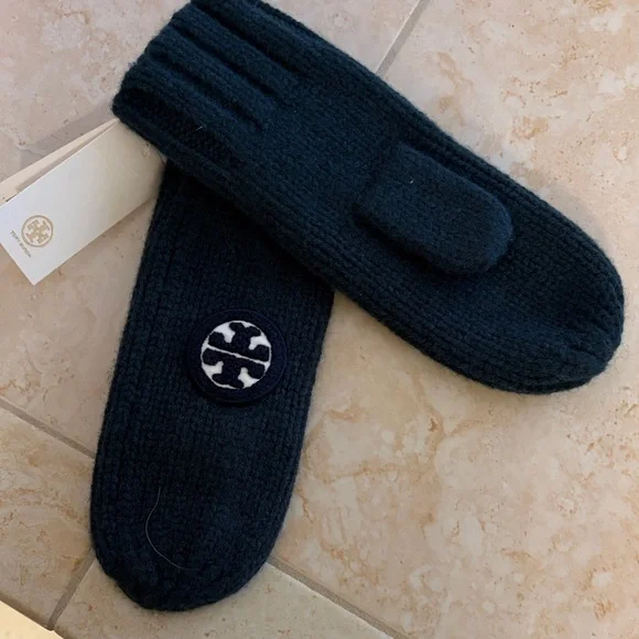 Tory Burch Dark Teal Knit Wool Mittens with Logo Patch - Picture 1 of 2